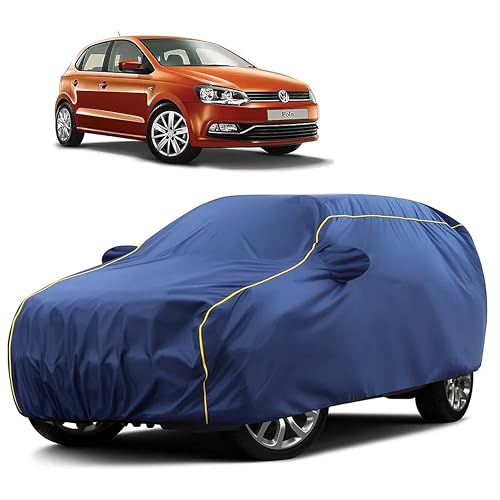 Image of Sulfar 100% Water Resistant Car Body Cover Compatible with Mirror for Volkswagen Polo Equisite (Triple Stitched, Full Bottom Elastic, Blue Taffeta with Yellow Piping)