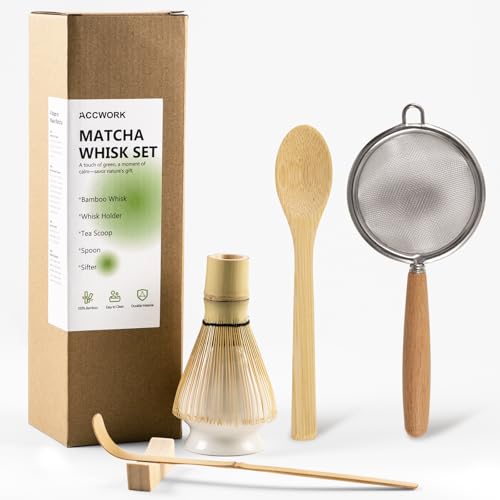 Matcha Kit, Juego de 6 Utensilios Te Matcha, Bambu Whisk Matcha, Colador, Cuchara para Matcha, Cuchara de Bambú, Soporte Chasen, Soporte de Cerámica - Ceremonia Tradicional Japonesa Del Té