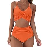 GOKOMO Damen Bikini Set Criss Cross Badeanzüge High Waist Bademode Crossover Bustier High Waist Bademode Elegant Vintage Zweiteiliger Badeanzug Triangel Tankini Strand Bikinihose(L,7-Orange)