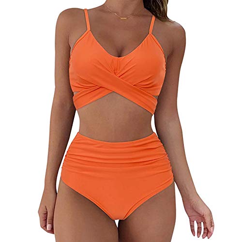 GOKOMO Damen Bikini Set Criss Cross Badeanzüge High Waist Bademode Crossover Bustier High Waist Bademode Elegant Vintage Zweiteiliger Badeanzug Triangel Tankini Strand Bikinihose(L,7-Orange) Cover