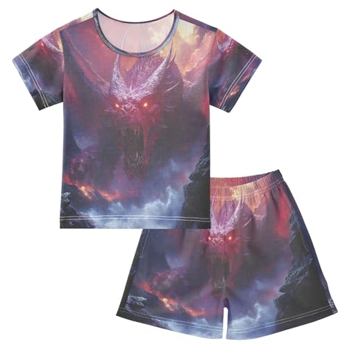 ALAZA Red Dragon Water Pajamas Set Short Sleeve Cotton Sleepwear Summer Pjs 2 Piece 5-14Y