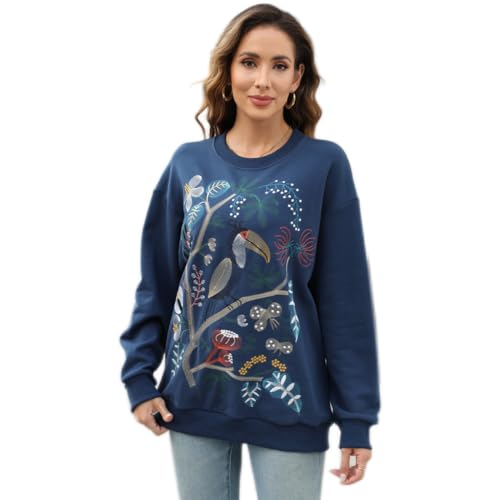 AK Womens Long Sleeve Fall Sweatershirt Traditional Patterned Embroidered Cotton