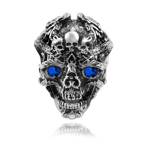 MarveBard Punk Skull Ring for Men Vintage Crystal Skull Head Ring Gothic Death Skull Ring Adjustable Vintage Punk Rock Biker Jewelry for Men Halloween Goth Accessory (Blue)