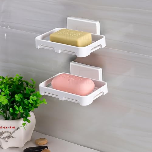 Image of Self Adhesive Soap Holder for Bathroom Wall | Plastic Soap Stand with Drain Tray | Wall Mounted Soap Dish | No Drilling Bathroom Soap Holder (02 Rectangular Shape White Color)