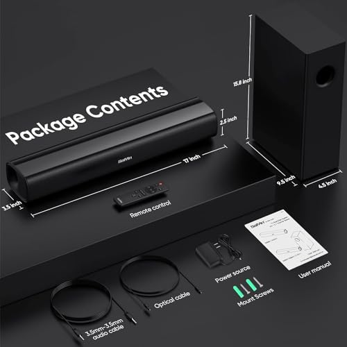 Image of Saiyin Sound Bars for TV with Subwoofer, 2.1 Deep Bass Small Soundbar Monitor Speaker Home Theater Surround System PC Gaming Bluetooth 5.3 /AUX /Optical Connection, Wall Mountable 17-inch