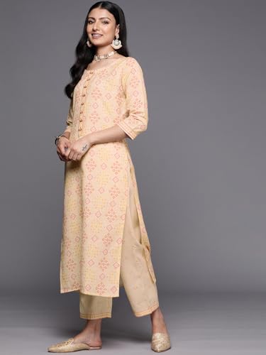 Image of Libas Womens Printed Cotton Blend Straight Kurta With Trousers