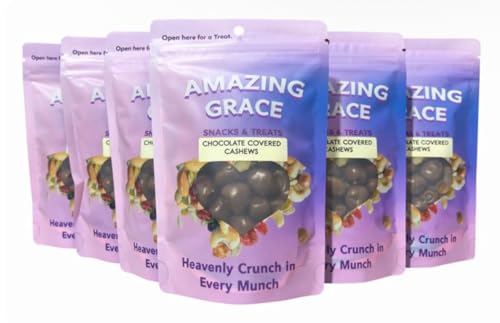 Amazing Grace Snack - Chocolate Covered Cashews, Amazing Grace Snack - Prayerfully made sweet treats, Pack of 6, For Kids & Grown-ups, Stand-up Resealable bags, USA snacks, Snacks for all seasons