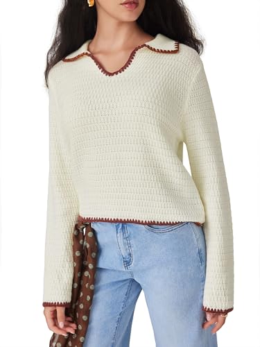 CIDER Sweaters for Women Trendy Color Trim Cute Long Sleeve V Neck Collared Knit Pullover Sweater Tops Fall Outfits4