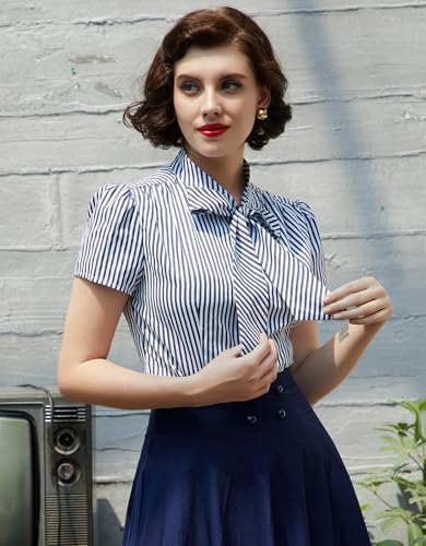 Image of Belle Poque Summer Short Sleeve Office Button Down Blouse Stripe Shirt Tops with Bow Tie BP573
