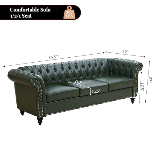 Image of LEVNARY Chesterfield Sofa, 3 Seater Tufted Couch for Living Room, Classic Button Tufted Upholstered Sofa, Modern Mid-Century PU Leather Sofa (Green)
