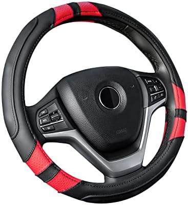 Achiou Black and Red Car Steering Wheel Cover Universal 15 inch with Grip Contours, Leather Auto for Men and Women Non-Slip Breathable Soft and Comfortable