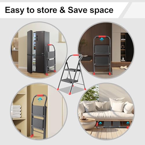 Step Ladder Foldable Folding Stool - for Home Adults Kitchen 2 Stepping Extension Tall Heavy Duty with Handrails - Closet Stepstool Stair Ladders Extendable Stepladder for Indoor House 600Lbs - Image 6