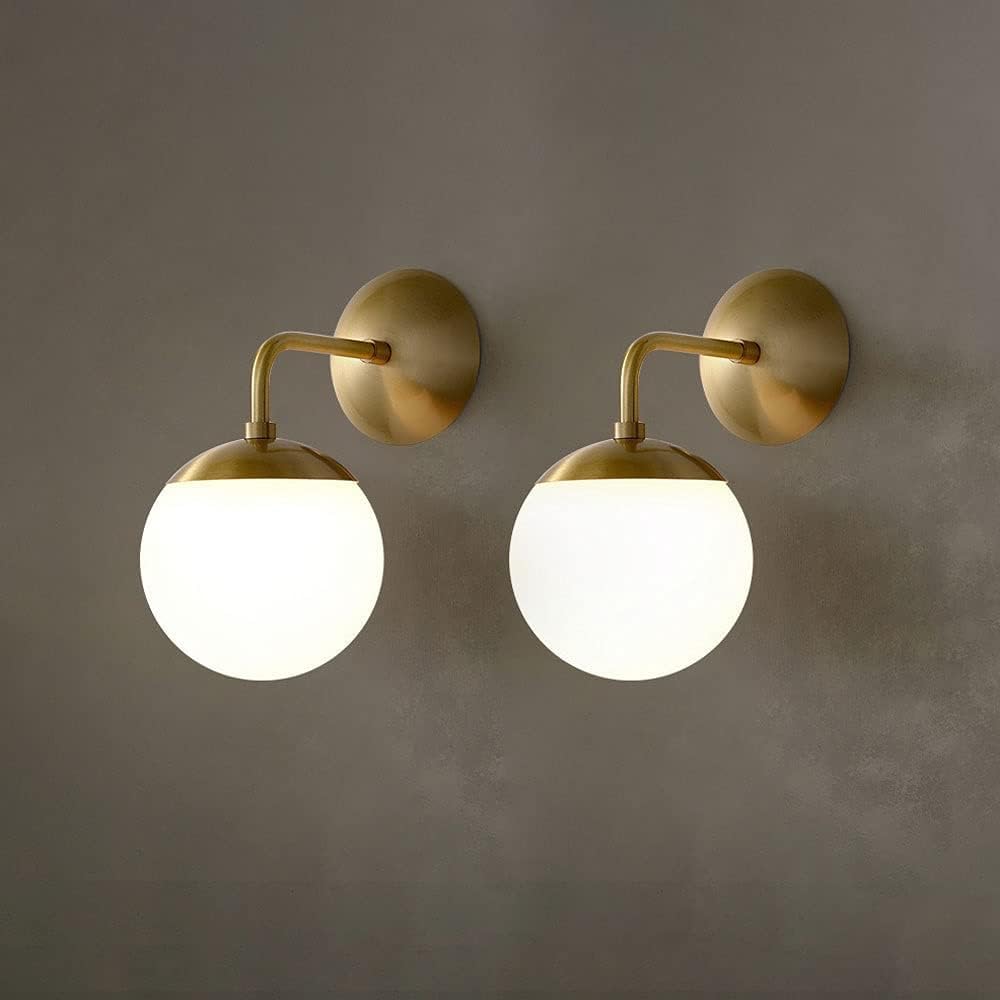 VGTLAKEX Wall Light 2pcs Brass Wall Sconce White Glass Lampshade Mid Century Globe Bedroom Lamp Copper Lighting for Living Restaurant