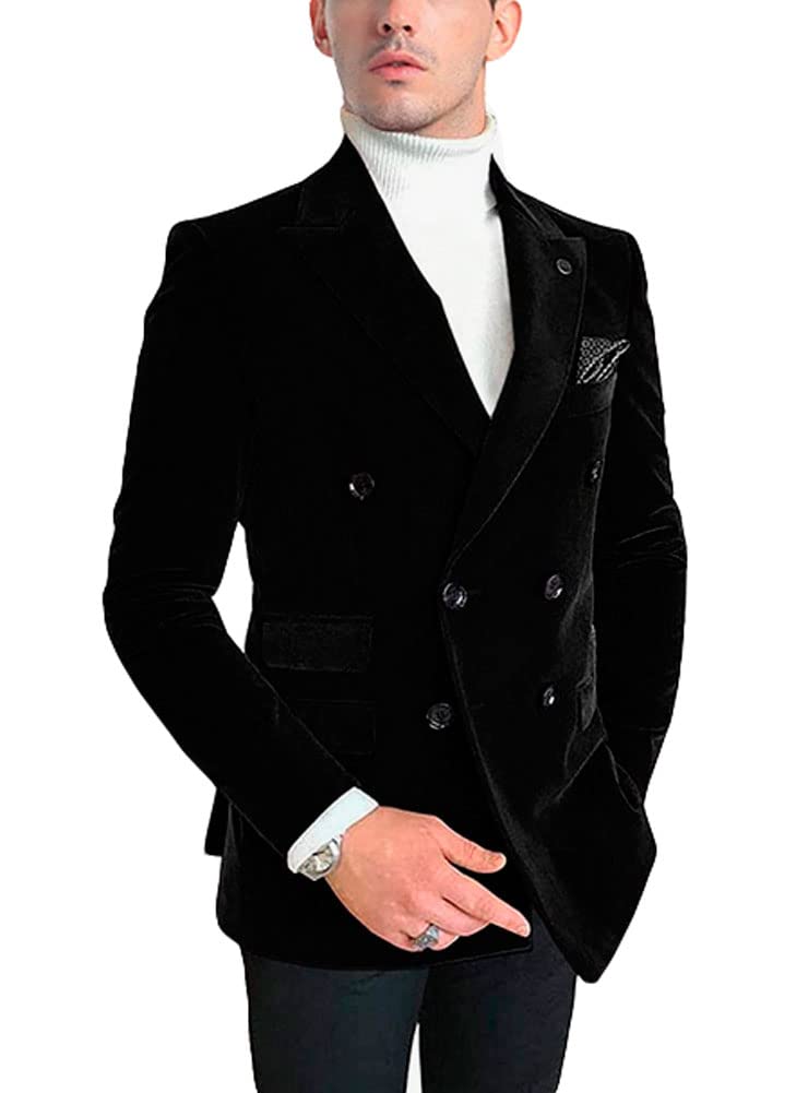 Botong Men's Black Double Breasted Velvet Blazer Notch Lapel Tuxedos Jacket Wedding Party Coat Casual Wear 44/38