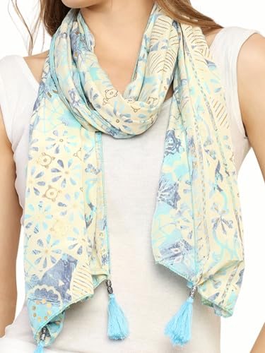 Image of KE KANHA EXPORT Women Scarf|Stole For Women|Scarf For Women Stylish|Stall For Women|Border Print Face Cover Head Wrap|Boho|Beach|Multicolor|180x50cm|Pack Of 1|FREE Scrunchie Included
