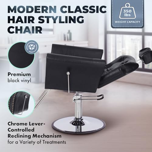 Buy-Rite Gramercy Reclining Styling Chair – All-Purpose Hydraulic Salon Chair for Hair Stylists & Barbers, Adjustable Headrest, Tufted Back, Brass Nailhead Trim, Heavy-Duty Steel Base, NIN-9903-A