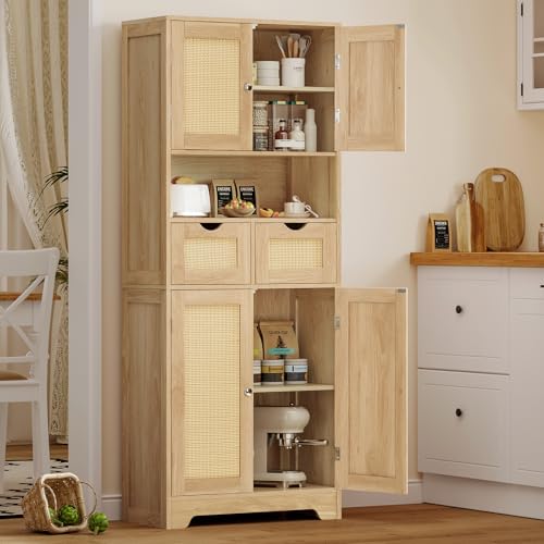 Image of TEENFON 57.8 inch H Tall Storage Cabinet with 2 Drawers & 2 Adjustable Shelves, Rattan Cabinets with 4 Doors, Cupboard, Kitchen Cabinets, Pantry Cabinet, Tall Cabinet for Living Room, Entryway, Natural