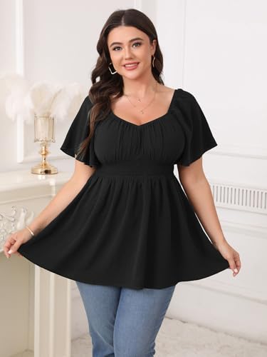 Womens Plus Size Blouse Summer Tops Sweetheart Neck Short Sleeve Ruffle Peplum Smocked Dressy Casual Top4