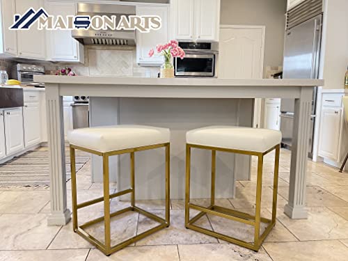 Maison Arts White & Gold Counter Height 24" Bar Stools Set Of 2 For Kitchen Counter Modern Barstools Upholstered Faux Leather Square Stools Backless Farmhouse Island Chairs,Support 330 Lbs, 24 Inch #TOP1