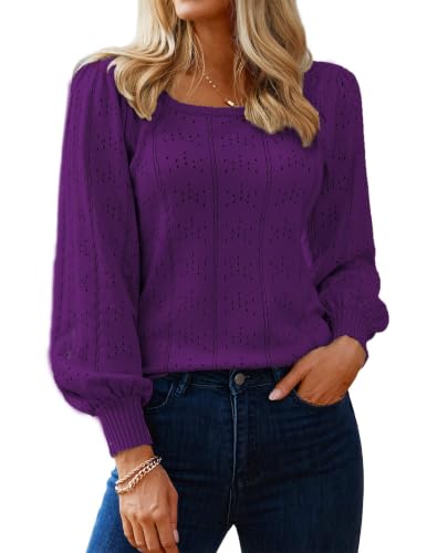 Image of HOTOUCH Sweaters for Women 2026 Fall Trendy Tops Casual Puff Sleeve Square Neck Cute Tunic Pullover Blouses XS-XXL