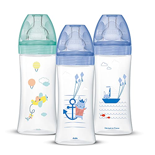 Dodie Biberons Anti Colique Sensation+, Garçon, 330 ml, 6 Mois, Tétine Plate, Débit 3 - Lot de 3, 3 Unités