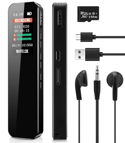 Registratore vocale digitale, CestMall USB ricaricabile Dispositivo registrazione vocale Mini dittafono Registratore vocale con lettore MP3 20 ore di registrazione Registratore audio64G per conferenze