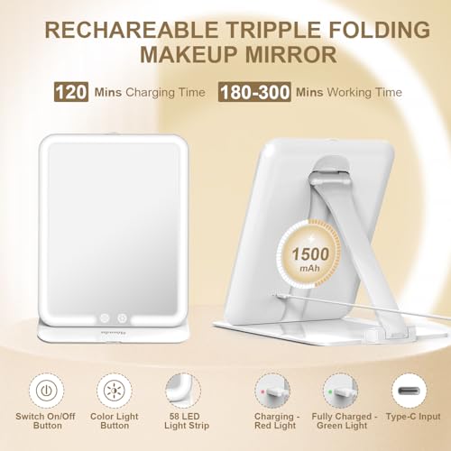 Mocado Travel LED Makeup Mirror - Triple Folding, Rechargeable, Adjustable Height/Angle (White)