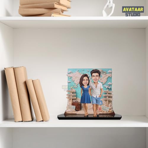 Image of Wood Rectangular Personalized Caricature Gift for Couple, 7 Inches, Tabletop Multicolor, Art Deco Style (COUPLE 16)