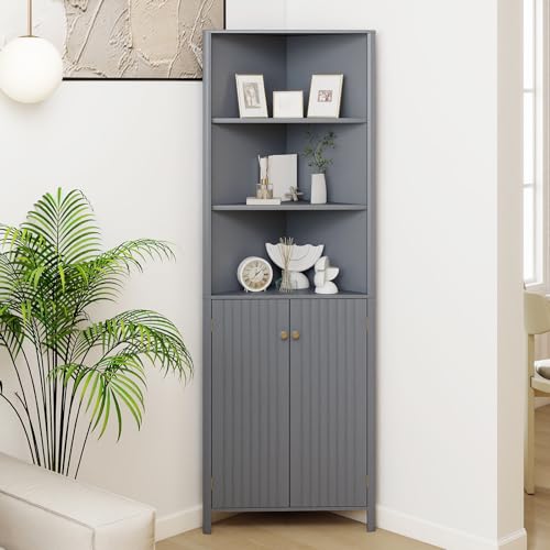 COSTWAY Küchenschrank schmal, Eckschrank mit 2 Türen und 5 Ablagen, 172,5 cm hoch, dreieckiger Buffetschrank, Mehrzweckschrank Hochschrank, modern, für Küche Esszimmer Wohnzimmer (Grau)