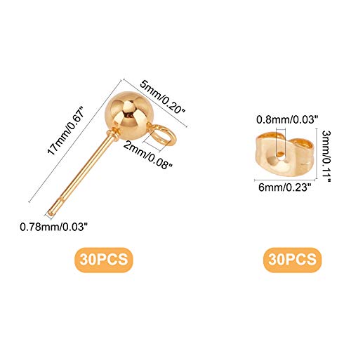 Unicraftale 30Pcs Gold Ball Post Stud Earrings, Hypoallergenic 304 Stainless Steel Stud Earrings Findings, With Loop, Ear Nut And Earring Post Suitable For Wearing Or Diy Earrings #TOP3