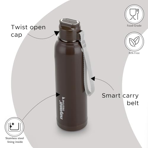 Image of Nayasa Pristine 700ml Water Bottle | BPA-Free Plastic with Insulated Stainless Steel Inner | Leak-Proof Twist Cap | For Office, School, Gym, Travel, and Outdoor Use | Brown