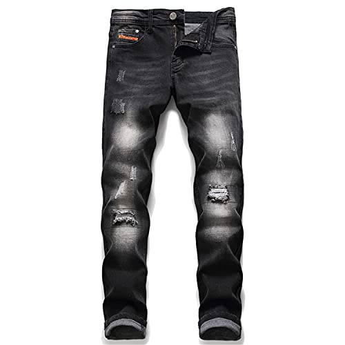 Men's Ripped Straight Slim Fit Denim Pants Destroyed Straight Washed Jeans Fashion Personality Casual Jean Trousers (Black,33)