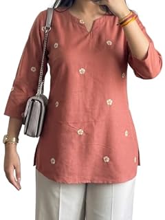 LAZURI BOUTIQUE Women Peach Embroidered Cotton Short Kurti | Casual Office & College Kurti Top for Girls (in, Alpha, M)