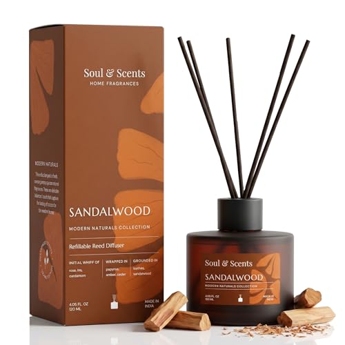 Image of Soul & Scents 120ml Reed Diffuser Set Sandalwood | Long Lasting Home Air Freshener | 6 Fiber Sticks | Gifting | Fragrance for Bedroom Bathroom Living Room | Aromatherapy Relaxing Soothing Aroma