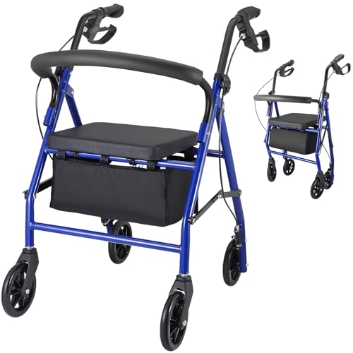 Rollator Walker with Seat,Walking Frame with Wheels,Lightweight Folding rollator with Brakes, and Bag 15cm Wheels