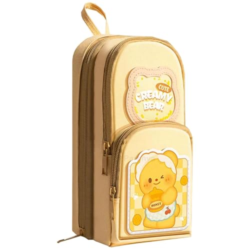Image of WORSHIPER 6 Layer with 3 Compartment Premium Canvas Pencil Pouch for School Girls and Boys, Cute Aesthetic Stationery Items Kit Case, Large Capacity Stationary Pencil Pouch (Creamy Bear)