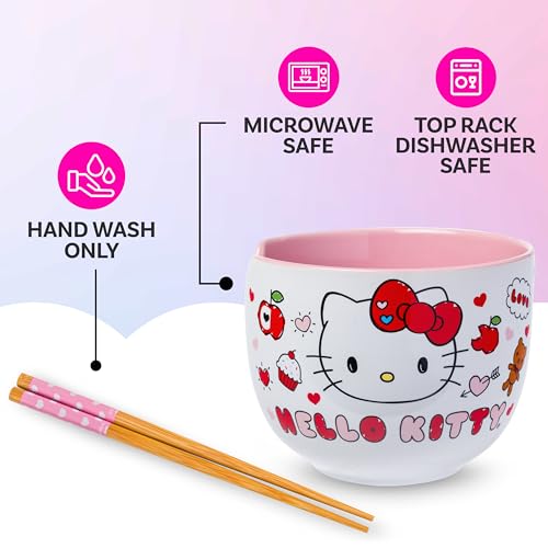 Image of Silver Buffalo Sanrio Hello Kitty Apples and Hearts Doodles Ceramic Ramen Noodle Rice Bowl with Chopsticks, Microwave Safe, 20 Ounces
