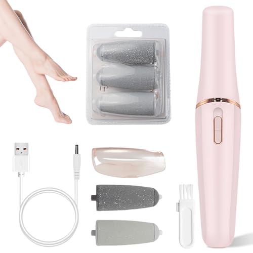GOEDCH Râpe électrique pour callosités : rose rechargeable avec 1 tête de ponçage grossière et 1 tête de ponçage fine, outils de pédicure pour pieds avec lumière, 2 vitesses, appareil de soin des
