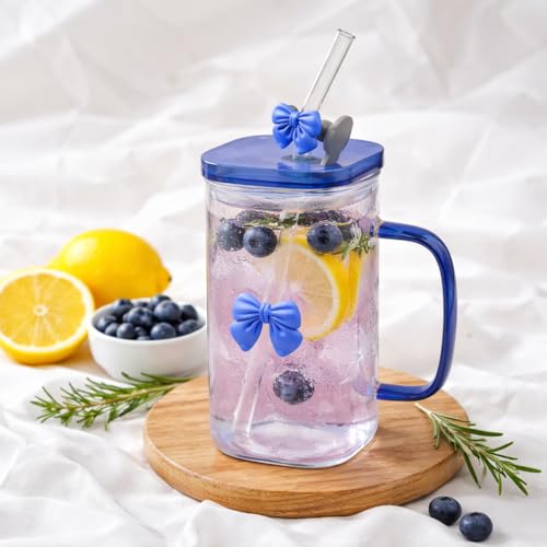Image of FUNKYFINDS Coquette Blue Bow Glass Cup with Lid and Bow Straw, Dainty Glasses Drinking Set, 400 ml Cute Bow Glass Iced Coffee Cups, Preppy Glass Tumbler with Straw and Lid Gift (Set of 1)