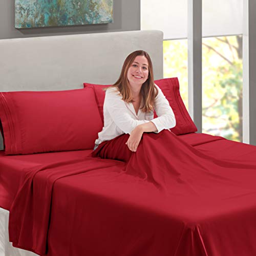 Image of Nestl Short Queen Bed Sheet Set - Burgundy Red - 4-Piece Deep Pocket | Instantly Soft, Night-One Ready (No Wash Required). Fits 16-Inch Deep Pockets, 360-Degree Elastic Grip
