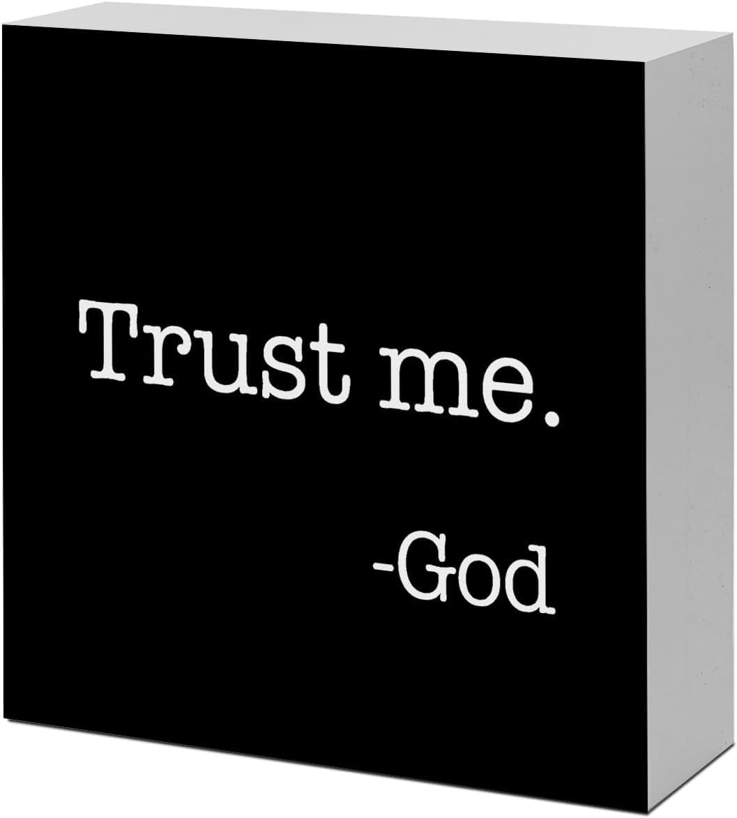 7x7 Inch Trust Me God Box Sign, Black and White Rustic Decor