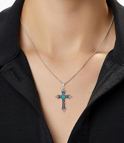 Genuine Turquoise Cross Necklace for Women Men 925 Sterling Silver Western Boho Jewelry Vintage Gemstone Pendant for Her2