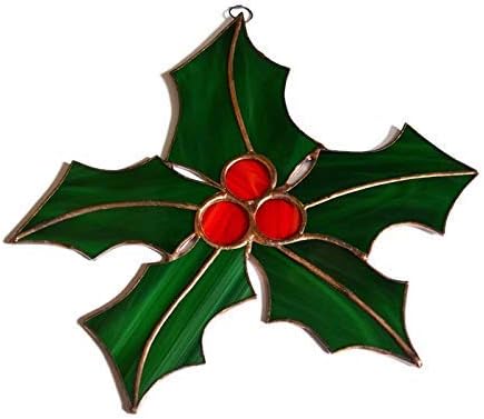 Christmas Holly Leaves and Berries Stained Glass Suncatcher Window Hanging or Wall Decor