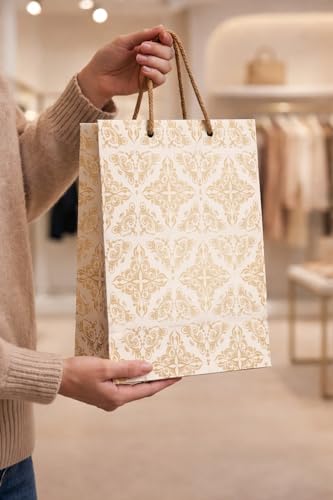 Image of Creative Art White & Gold Paper Gift Bags Rectangle (Pack of 10) - Strong Kraft Paper, Elegant Design, Reusable & Recyclable, Ideal for Return Gifts, Baby Shower, Wedding & Party Gift Packing