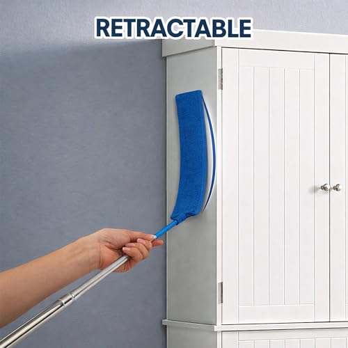 Image of Retractable Gap Dust Cleaner with Extension Pole & 3 Microfiber Cloths | Cleaning Tools with 3 Microfiber Dusting Cloths | Long Handle Duster 30-100'' | Under Refrigerator Furniture Appliance Blue