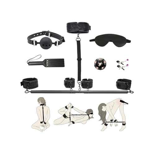 Spreader Bar BDSM Bondage Restraints Kit 11PCS Sex Toys Handcuffs Ankle Collar Cuffs Nipple Clamps Ball Gag Blindfold Paddle Dice PU Leather Lace Pattern Adjustable Adult Games for Couples