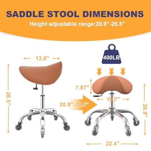 Image of Saddle Stool, Adjustable Ergonomic PU Leather Rolling Drafting Chair, Brown | 360 Swivel wheels, Height adjustable, Multi-use for Salon, Lab, Tattoo, Massage & Clinic