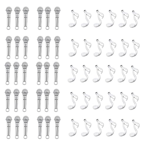 60Pcs Music Notes and Microphone Charms, Antique Silver Finish Alloy