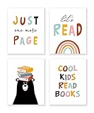 LiTiu Cool Kids Read Books Just One More Page Reading Wall Art Poster Prints Decor, Cute Bear Reader Artwork Kids Gifts for Classroom Reading Room Bedroom, 8"x10" Set of 4