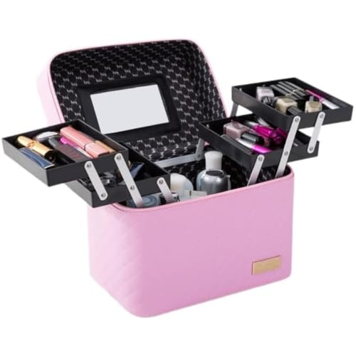 REENEW コスメボックス 鏡付き メイクボックス 大容量 化粧ボックス 化粧品収納 化粧ポーチ 防水 持ち運び 機能的 プロ用 (ピンク)